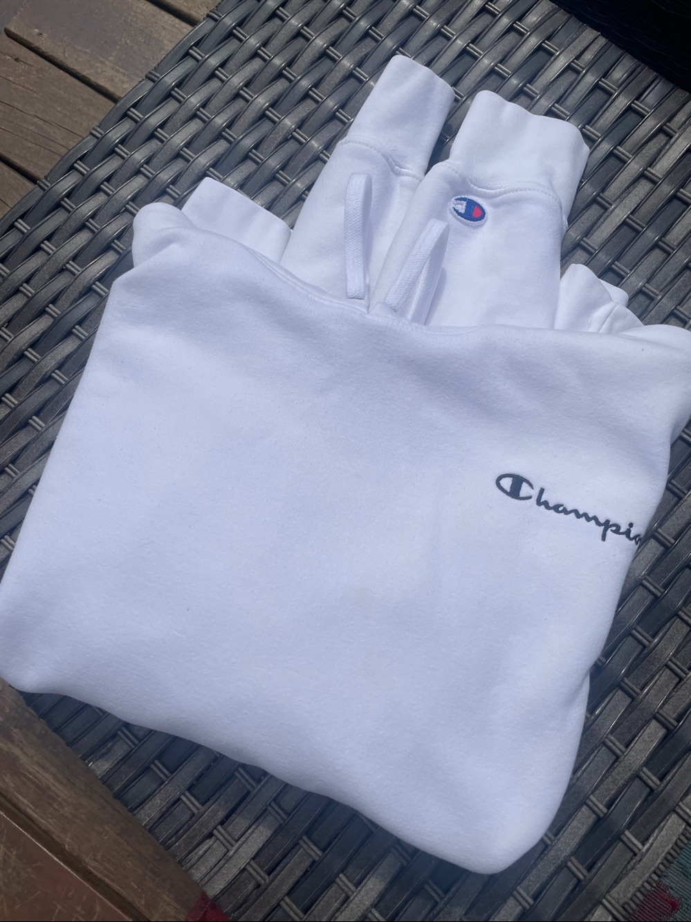 Champion White Crewneck Hoodie with Script Logo